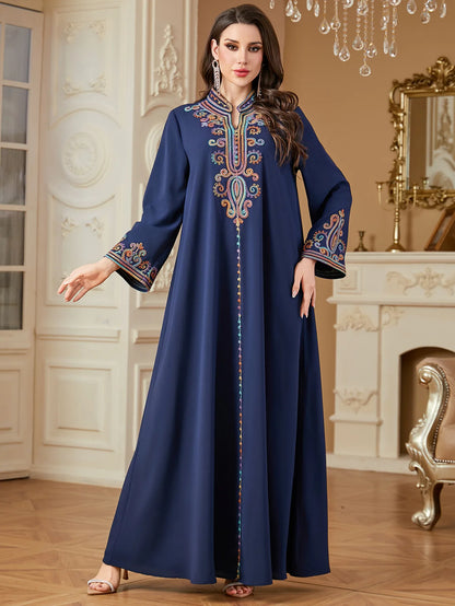 Dubai Muslim New Fashion Women's Embroidereid Long Sleeve V-neck Loose A-line Ankle Length Dresses Female Trendy Elegant Clothes.