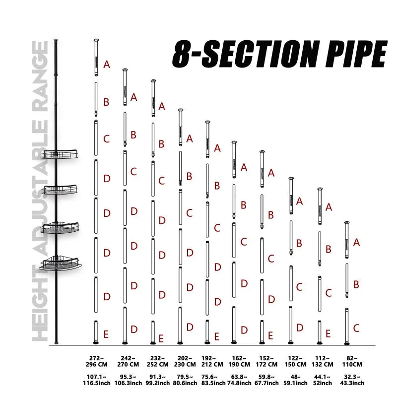 4-stufiges verstellbares Eck-Duschregal (82–296 cm) – kein Bohren, Spannstange, dreieckiger Organizer für Badezimmer, Küche, Aufbewahrung mit Haken