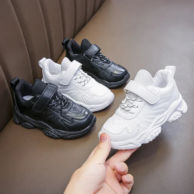 Children White Running Shoes Kids Fashion Sneakers PU Soft Breatheable Comfortable Boys Girls School Sports Shoes Size 26-37.