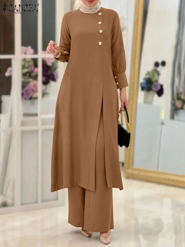 ZANZEA Muslim Abaya Suit Elegant Women Matching Sets Fashion Long Shirt Tops & Wide Leg Pants Ramadan Outfits Urban Tracksuits.