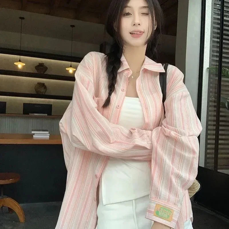 Pink Striped Shirt Women Korean Style Loose Long Sleeved Button Up Blouse Ladies Autumn New Wild Streetwear Casual Shirts 2025.