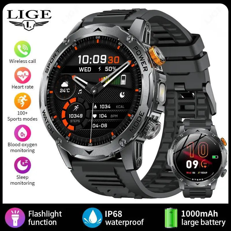 LIGE 2025 New 1000mah Smart Watch Men AMOLED HD Display Sport Fitness LED Flashlight Bluetooth Call Smartwatch For HUAWEI XIAOMI