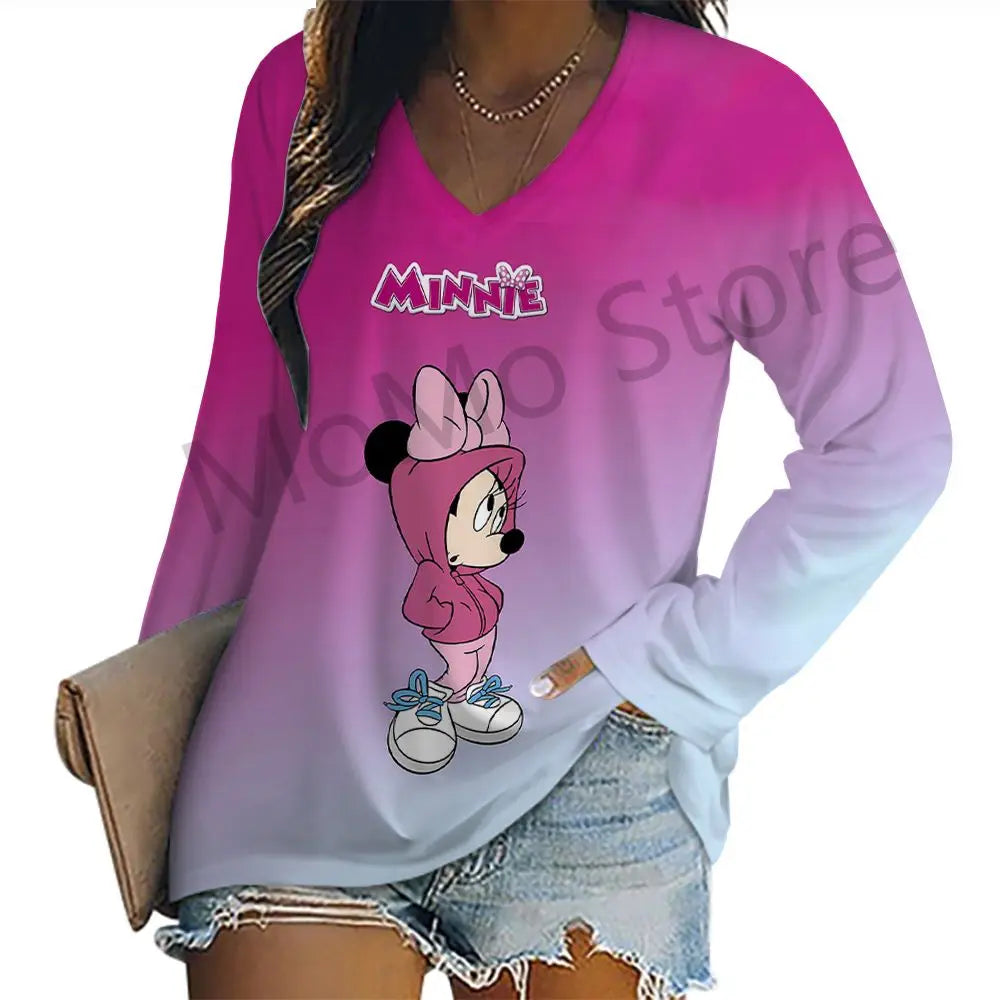 Women's Long Sleeve T-shirts Kawaii V-Neck S-3XL Mickey Lovely Disney High Quality 3D Print New Youthful Woman Clothes Minnie.