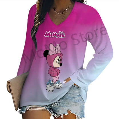 Women's Long Sleeve T-shirts Kawaii V-Neck S-3XL Mickey Lovely Disney High Quality 3D Print New Youthful Woman Clothes Minnie.