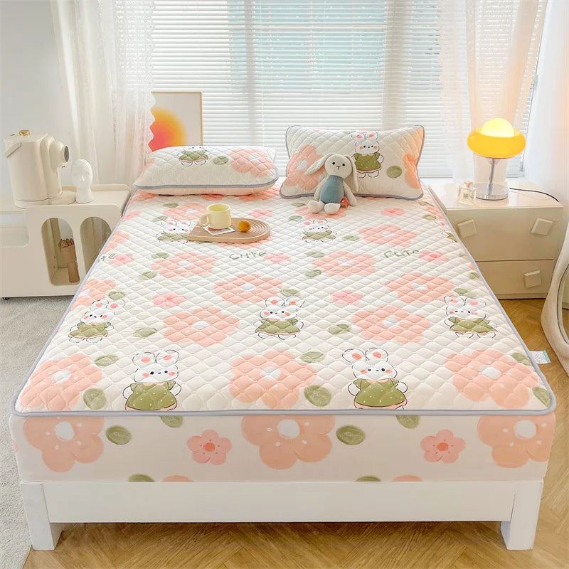 Floral Fitted Sheet Queen Size Bed Cover Thicken Bedsheet Quilted Mattress Protector tampa de colchão (Pillowcase Need Order).