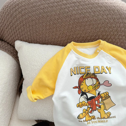 Cartoon gelber Bär gestreifter Body Frühling Herbst weiche Baumwolle Baby kleidung Overall Neugeborene Kleidung K6181-1.