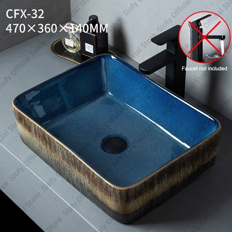 Vintage Elegant Countertop Washbasin Classic Blue Art Hotel Ceramic Basins Sink Multiple Styles Outdoor Balcony Bathroom Sinks