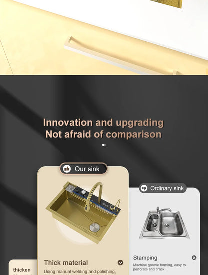 Golden Stainless Steel Kitchen Sink Waterfall Outlet Large Single Sink Digital Display Dishwashing and Vegetable Sinks