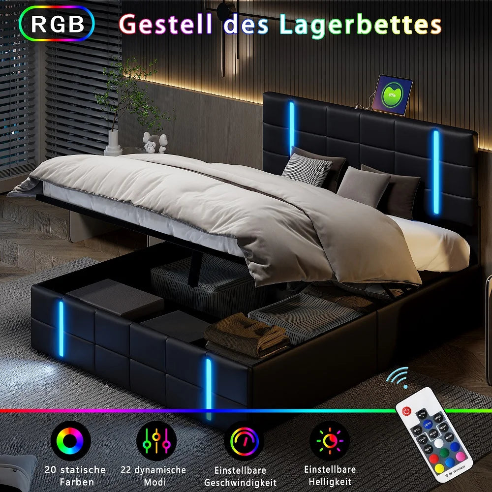 Lazyspace PU-Polsterbett, anhebbarer Bettrahmen mit Stauraum, 2 USB-Anschlüsse + LED-Licht, moderne Schlafzimmermöbel für Zuhause, 140/160 x 200 cm