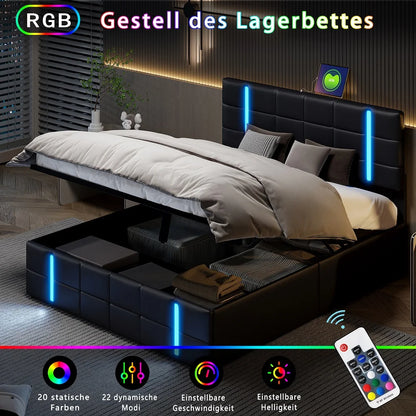 Lazyspace PU-Polsterbett, anhebbarer Bettrahmen mit Stauraum, 2 USB-Anschlüsse + LED-Licht, moderne Schlafzimmermöbel für Zuhause, 140/160 x 200 cm