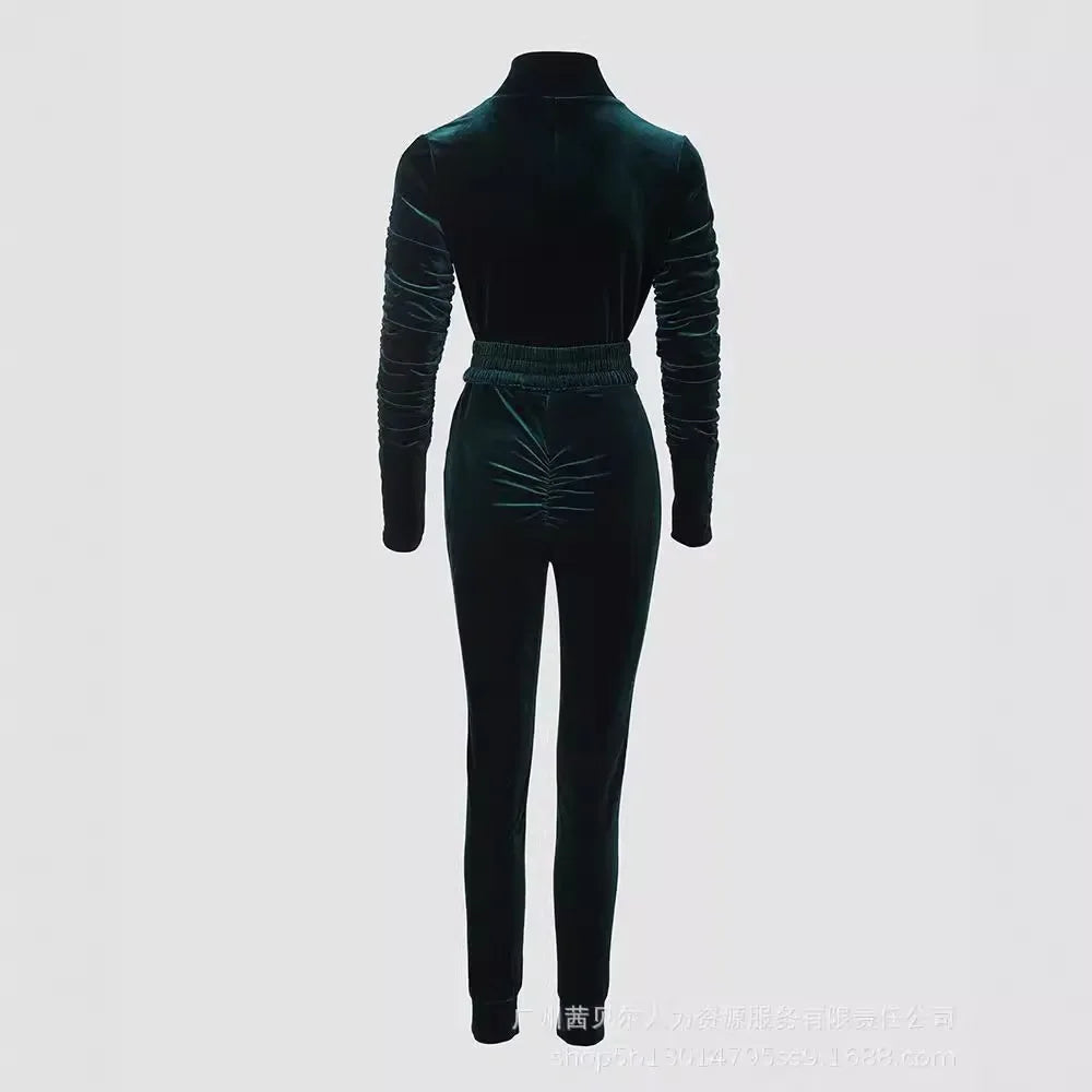 Sexy Women Bodycon Jumpsuits Velvet Zipper Design Sheath Jumpsuits Ruched Long Sleeve Jumpsuit with Elastic Waistbelt for Female.