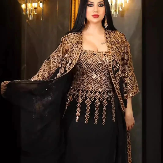 Neue muslimische Roben aus dem Nahen Osten, zweiteiliges Set, (Abaya), neue Mode für Damen, bestickte Spitze, Chiffon, muslimische Roben, Dubai und Türkei