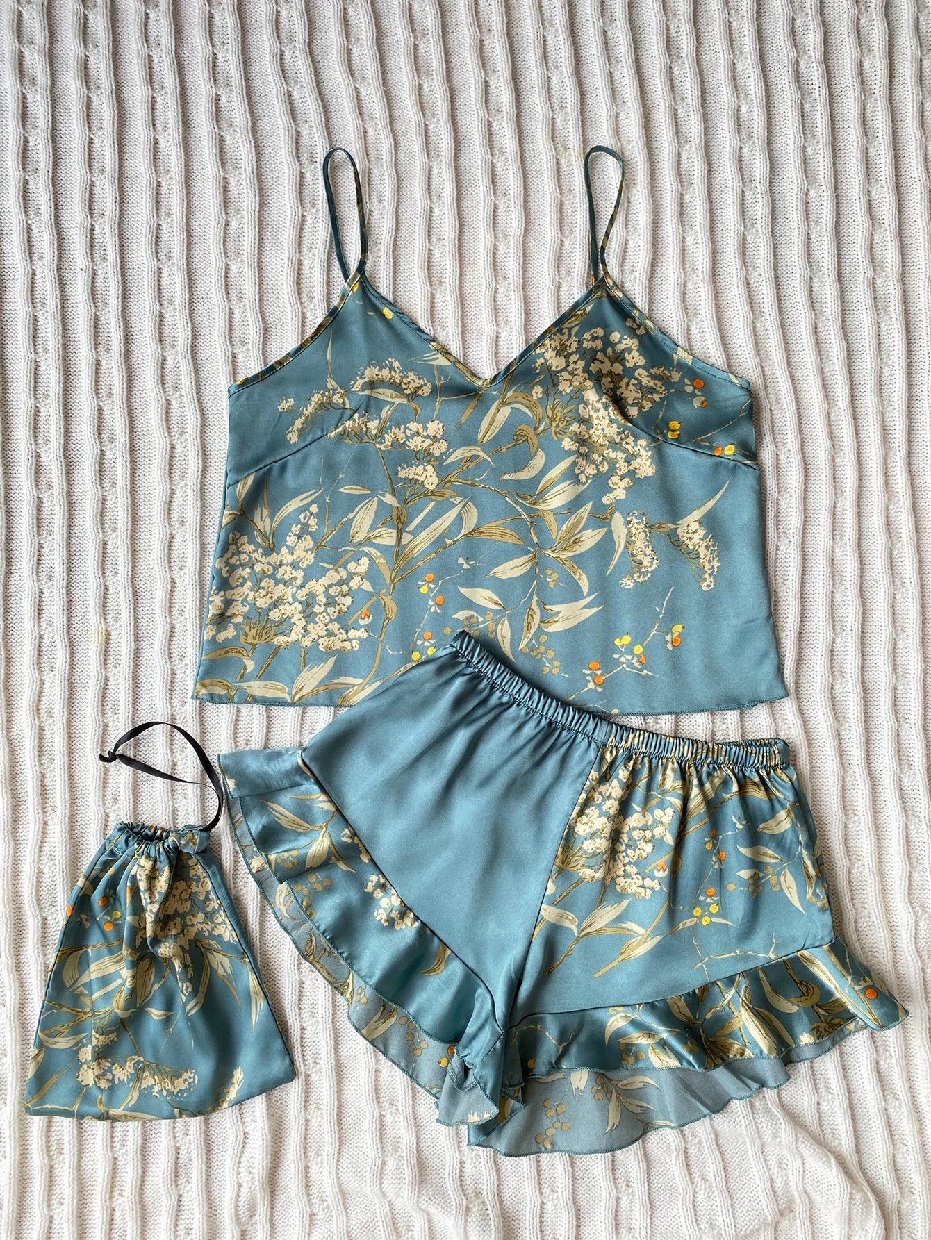 Elegante Cami-Tops mit Blumendruck, Rüschensaum, Shorts, Pyjama-Set, Damen-Nachtwäsche, Loungewear.