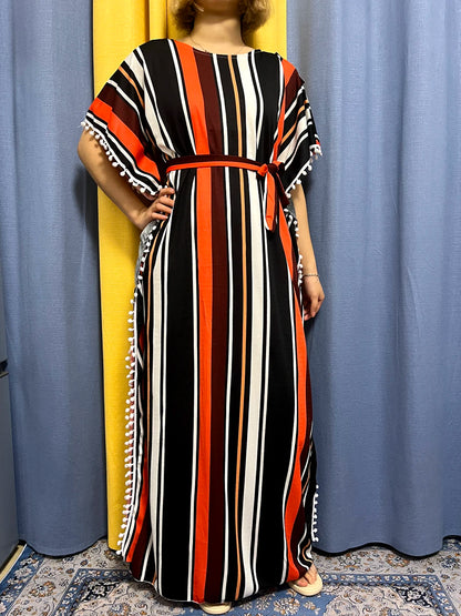 Abayas For Women 2024 Printed Vertical Stripe Tassels Elasticity Loose Fit Femme Robe African Woman Dresses With Belt Headscarf.