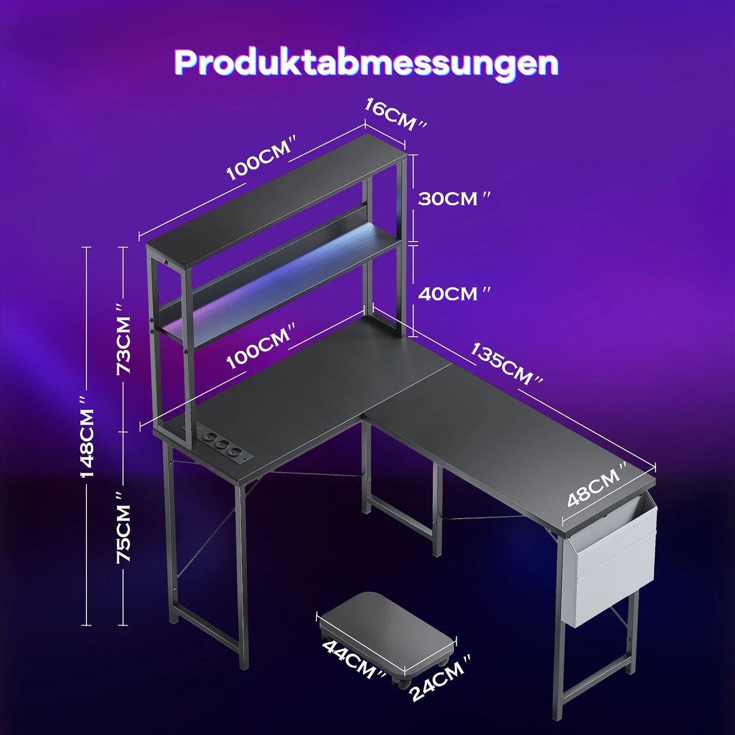 L-förmiger Gaming Schreibtisch mit LED Beleuchtung Doppelregal USB Steckdosen Büro Computertisch