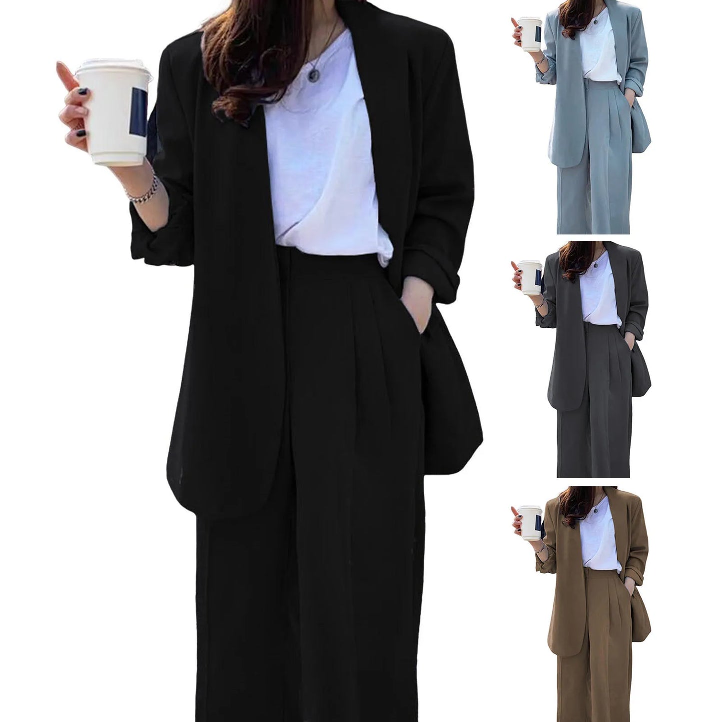 Wide Leg Suit Pants Set Elegant Women Business Suit Set Cardigan Jacket High Waist for Professional Lady Formal Coat Pants Set.