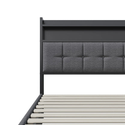 Rosahqnda Doppelbett 160 x 200 cm, mit Steckdose und LED, Kopfteil mit Stauraum und hydraulischem Stauraum, Schlafzimmer für Teenager, Leinen/PU