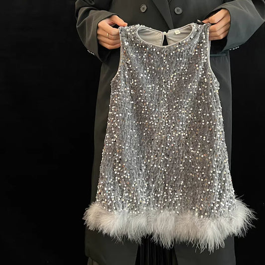 Pailletten Mädchen Prinzessin Kleid Grau Rundhals Ärmellose Feder Weste Kleid Kinder Geburtstag Party Kleid Performance Kleid