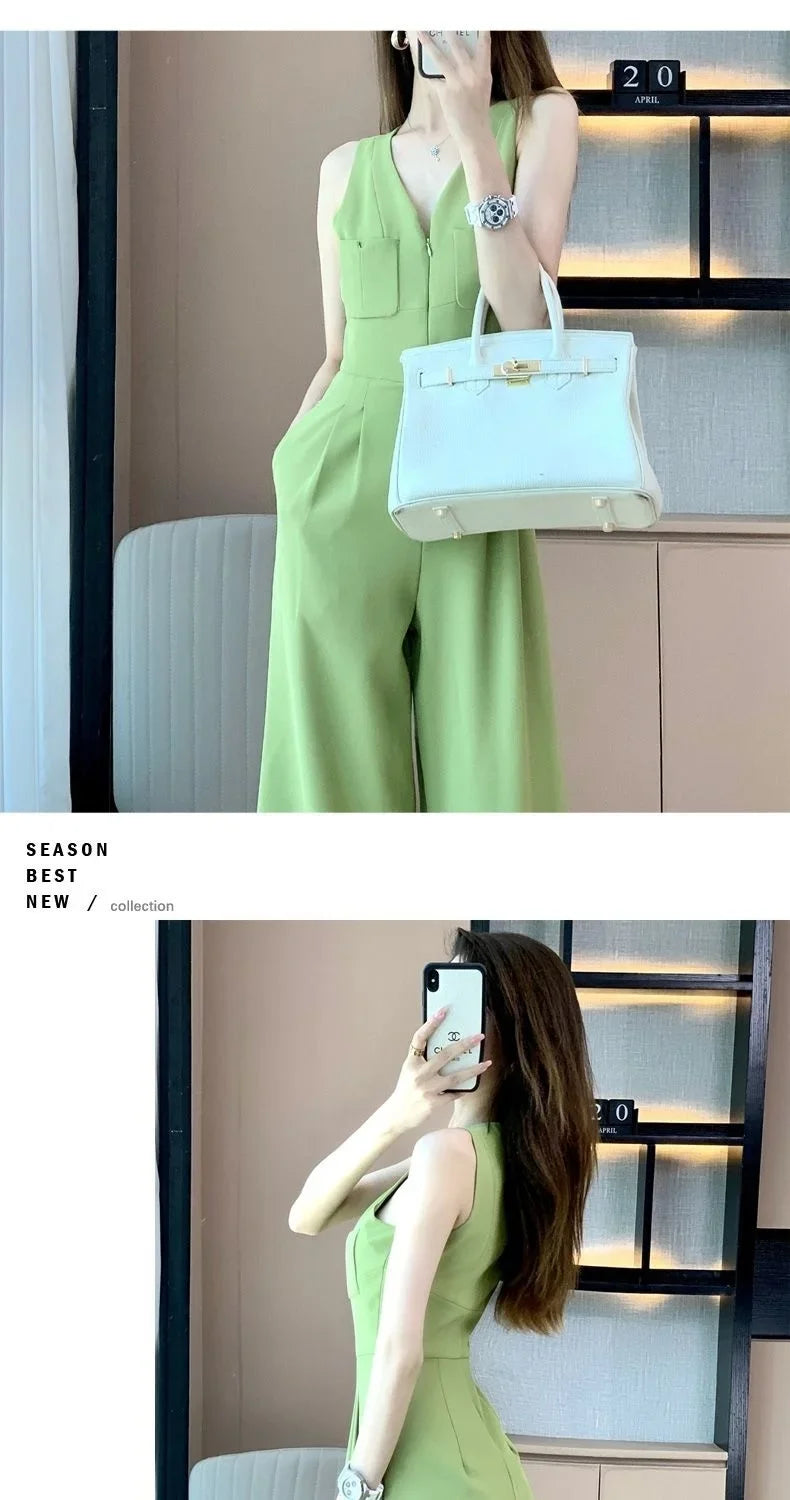 Women's Wide Leg Jumpsuit Pants 2025 Summer New Casual Straight Tube Sports Overalls V-neck Sleeveless Bodysuit For Women Romper.