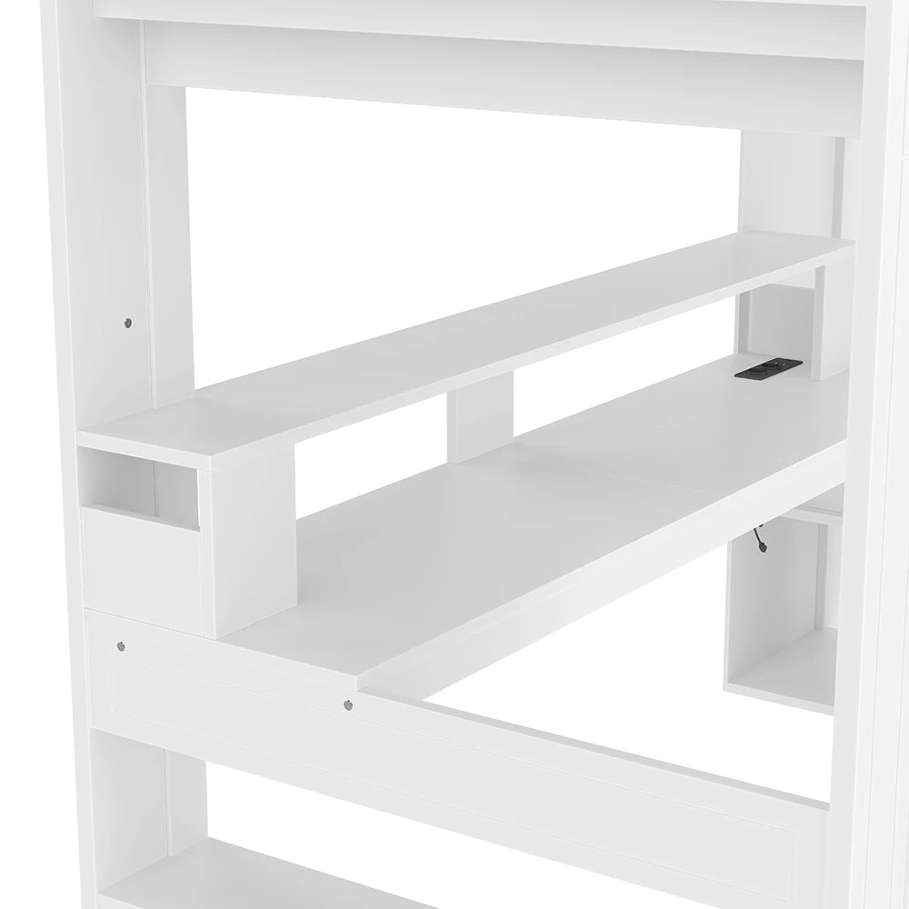 KOMHTOM Gaming Hochbett, Weiß, mit Schreibtisch, LED-Leuchten, Schublade und Regalen - Ohne Matratze