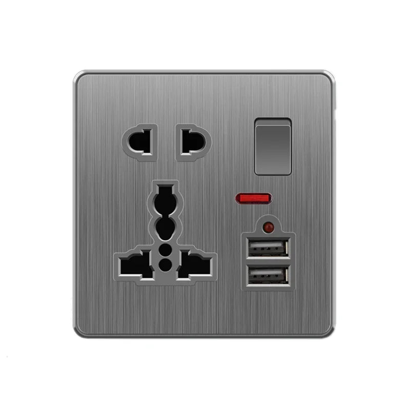 Große Neigungssteckdose im nordischen Stil, grau, 13 A, elektrische Schaltersteckdose nach britischem Standard, universelle Wand-Doppelsteckdose mit USB-Anschluss 2,1 A