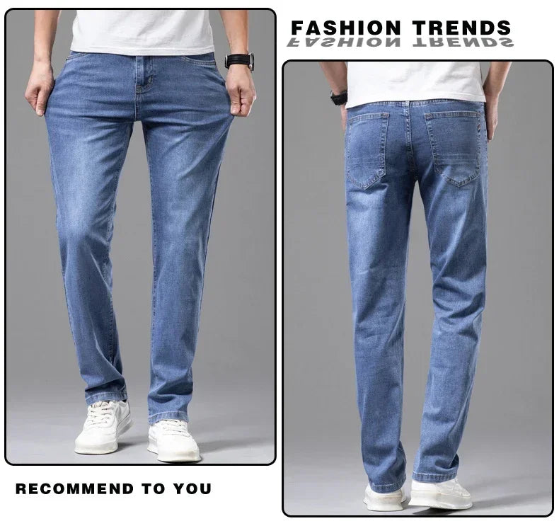 Summer Thin Men's Elastic Cotton Jeans Fashion Gray Comfortable Business Straight Casual Pants Brand Male Clothes Trousers.