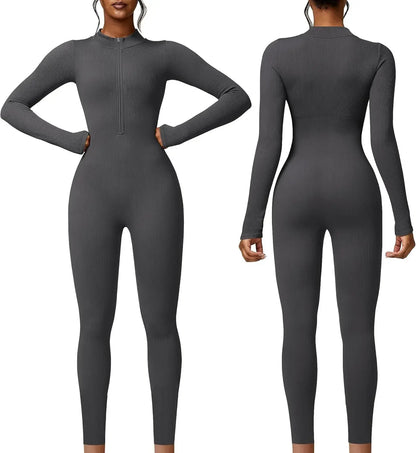 Seamless Long Sleeve Yoga Suit Waist-Fitted Shaping Trousers Casual Sports One-Piece Zippered Fitness Wear