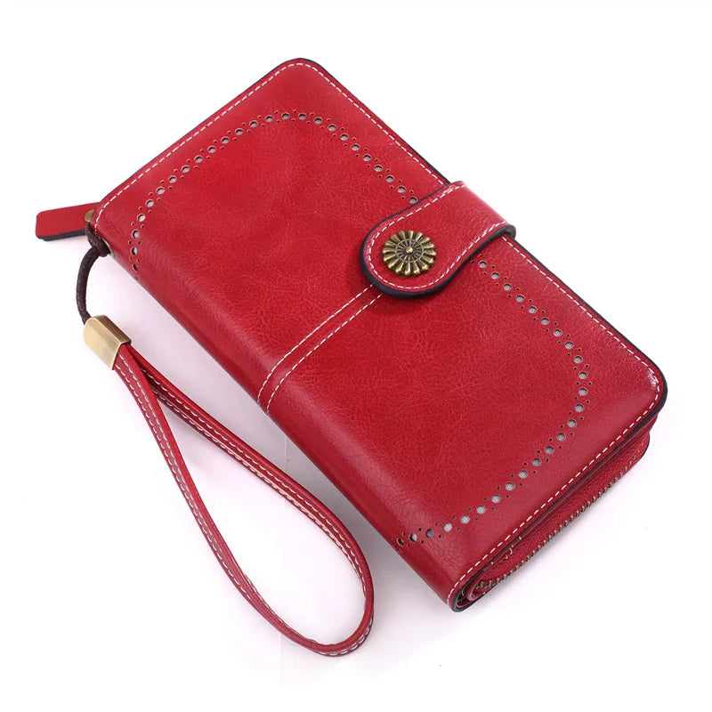 Fashionable new hollow out coin purse for women's oily leather phone bag, long zipper handbag,coin bag Triple fold ladies wallet.