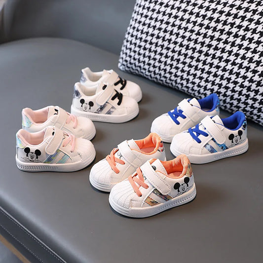 Disney White Casual Shoes For Baby Boy Girl Brand Children Sneaker Mickey Mouse Kids Shoes Toddler Walking Shoes Size 15-25.