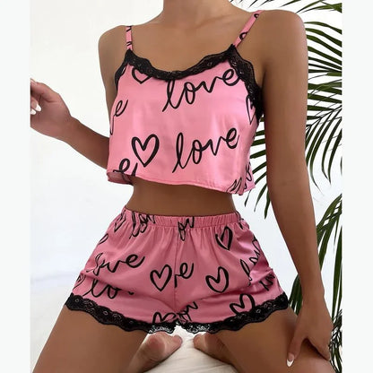 2 teile/satz Pyjama Anzug für Frauen Sexy Nette V-ausschnitt Spitze Liebe Herz Gedruckt Hosenträger Tops Shorts Nighty Nachtwäsche Homewear set.