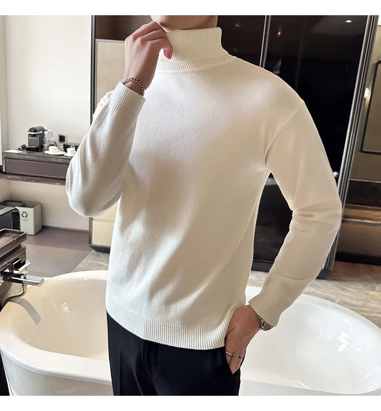 Korean Fashion Autumn Winter Sweaters Men Pullovers Fleece Turtleneck Knitted Sweatshirt Warm Bottoming Shirts.