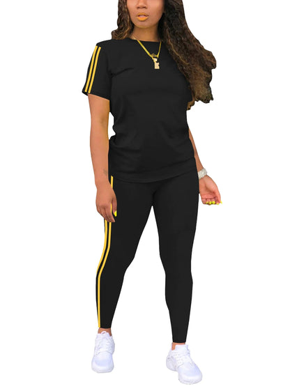 2025 Women's Summer Two-Piece Set Sportswear Short Sleeve Trousers Color Block Soft Fashion Basic Versatile Outfit