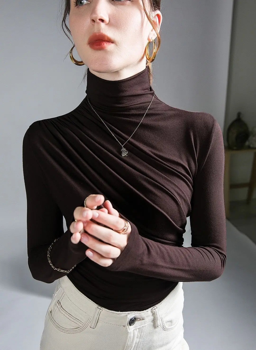 Pleated Stretch T-shirt New Spring Autumn Turtleneck Bottoming Pullover Women's Casual Elegant Basic Top Shirts Harajuku Gothic.