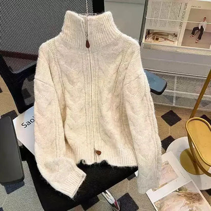 Women Autumn Winter New Lazy Style Loose Knitted Cardigan Retro Solid Color Double Zipper Turn-down Collar Sweater New Women Top.