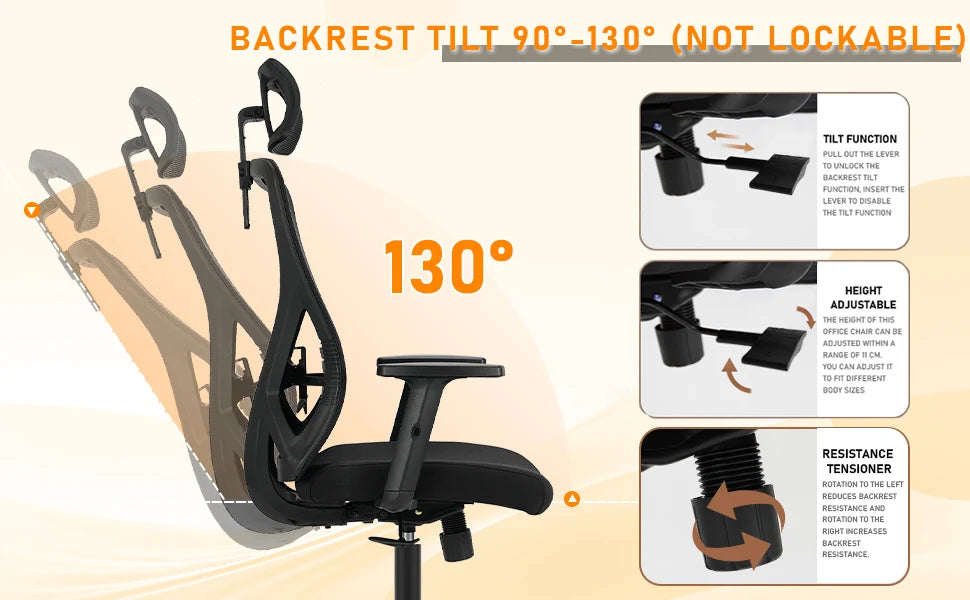 Durrafy Ergonomischer Bürostuhl, Bürostühle, Schreibtischstuhl mit verstellbarer Kopfstütze, Armlehnen, 150 kg Tragfähigkeit, Schwarz