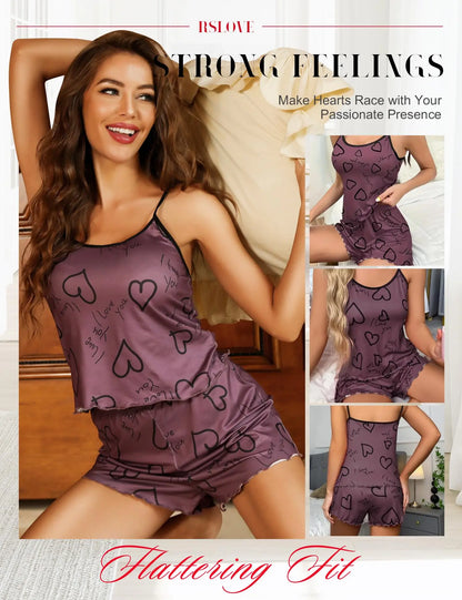 Herzförmiges bedrucktes Pyjama-Set für Damen, sexy Pyjama, Seiden-Plissee-Weste, Shorts-Set, weich und bequem, Heimkleidung, süß und süß.