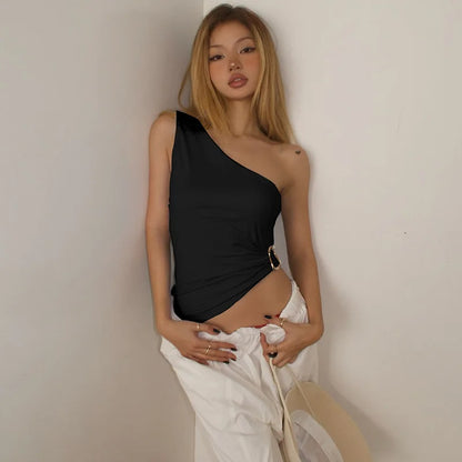 Cryptographic Summer Fashion One Shoulder Tops Slim Sexy Backless Basic Asymmetrical Women's Crop Top Tank Ruched Streetwear