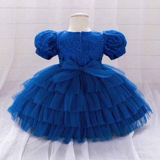 Kinder Abendkleid Pailletten Puffärmel Prinzessin Kleid Mesh Puffed Kleid Geburtstag Party Host Kleid