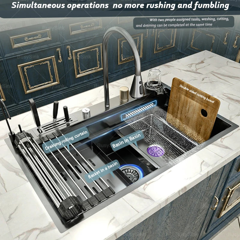 Stainless Steel Kitchen Sink Waterfall Outlet Faucet Multifunctional Large Single Slot Convenient Dishwashing and Vegetable Sink