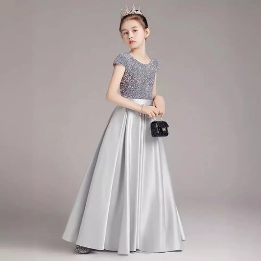 Mädchen-Klavierkleid, graues Pailletten-langes Performance-Kleid, Prinzessinnenkleid, Kinder-Host-Show-Performance-Kleid, Sommer