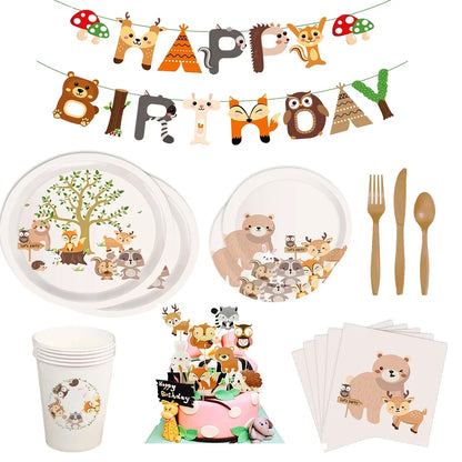 Cartoon Tiere Party Einweg Geschirr Wilde Bär Fuchs Wald Tiere Party DIY Dschungel Safari Alles Gute Zum Geburtstag Baby Dusche Dekor.