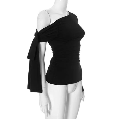 Y24TP610 Women's Autumn New Solid Color Crossbody Single Shoulder Top Sexy Asymmetric Single Sleeve T-Shirt From China.