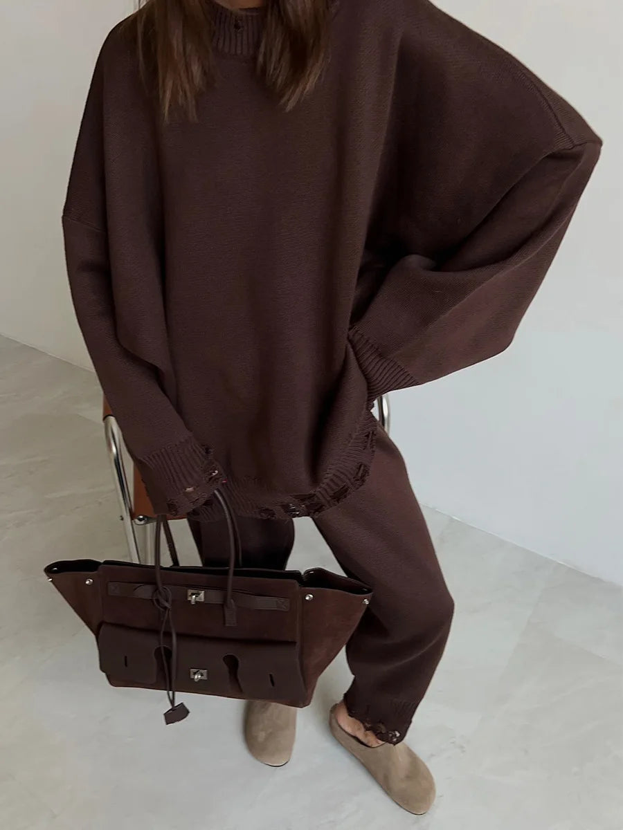 Bornladies Autumn Winter Women's New Turtleneck Knit Sweater Skinny Knit Pants Set Soft Oversized Ripped Hem Fashion Pullover