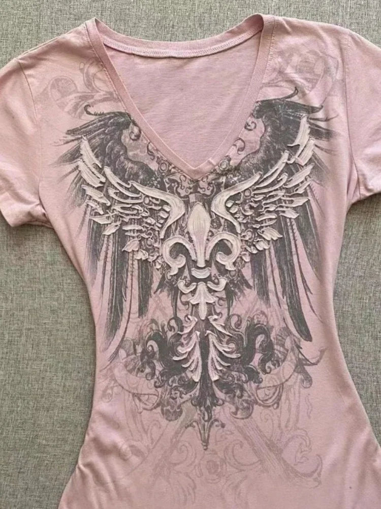 2025 Ropa Mujer Summer Tshirts for Women V-neck Short Sleeve Tunic Camisetas Pink Print Tees Crop Tops Casual Chic Y2k T-shirt.