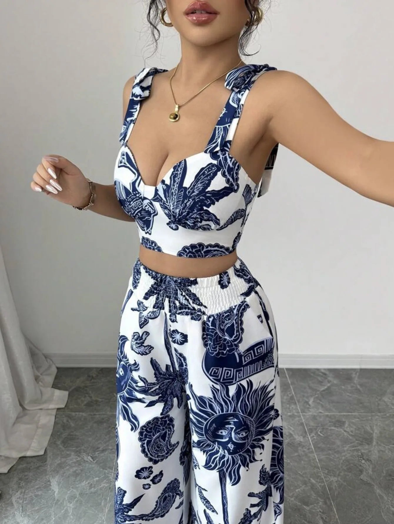 Two Piece Sets Women Pant Print Sling Tops High Waist Wide Leg Pants Drawstring Matching Sets Casual Backless Tops Summer 2025.