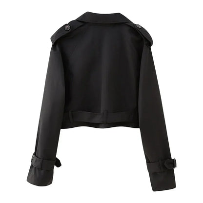 Frauen kurze Blazer Jacken Herbst elegante Vintage einfarbige Langarm Zweireiher Trenchcoat mit Gürtel