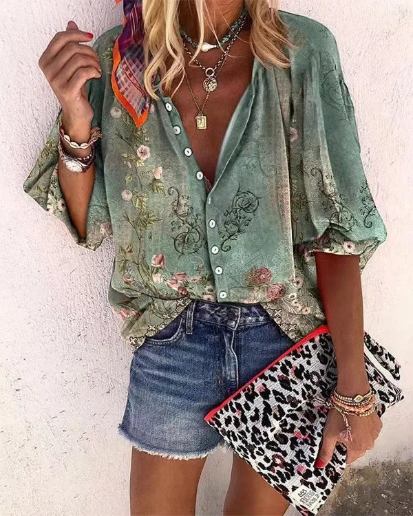2024 New Women's Shirts & Blouses Fashion Vintage Printed Casual Vacation Bohemian Style Lady Single-breasted Shirt Streetwear