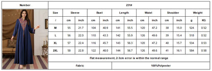 Trendy Muslim Abaya in Deep Blue Adorned with Intricate Multicolored Embroidery for Arabian Social Galas Modest Islam Fashion.