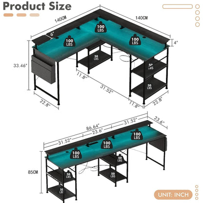 RGB Gaming Schreibtisch L-förmiger Eckschreibtisch Multifunktionaler Computertisch mit Monitorständer und Ablage