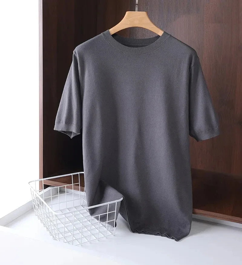 2025 Superfine Merino Wool T Shirt Men's Knitted O-neck Breathable Thin Cashmer Short Sleeve Tee Solid Color Tops.